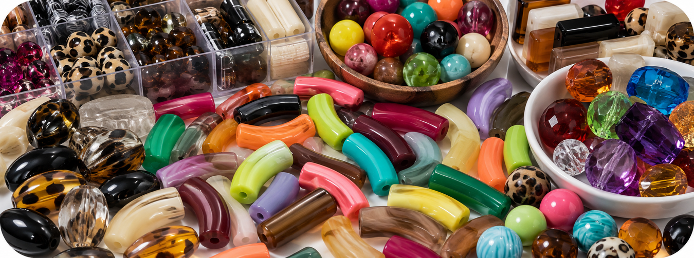 Acrylic beads are unique bead made from a synthetic substance that is derived from acrylonitrile. Though they are made of a plastic-like material, they resemble glass, providing a luxurious look for less