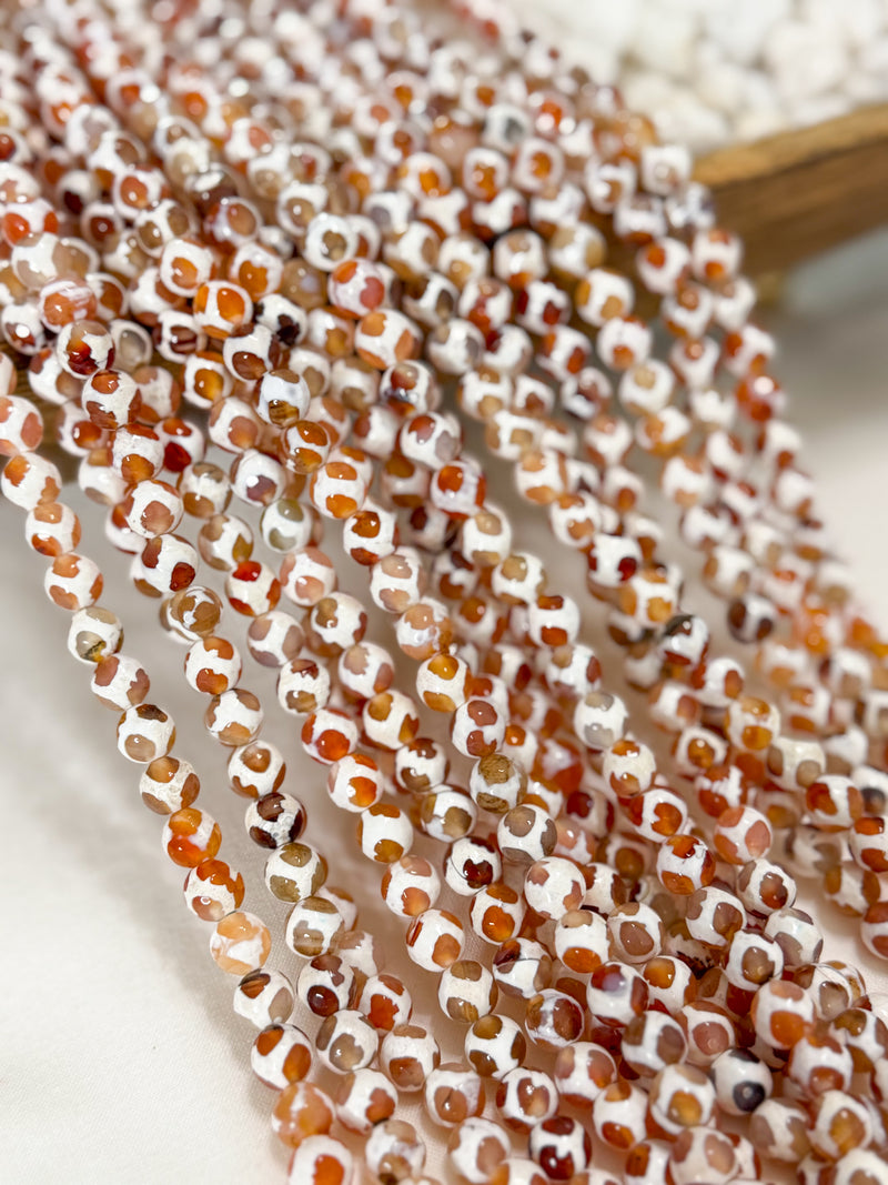 8mm Faceted Orange and White Tibetan Agate Gemstone Beads | DZI Beads | Tibetan Agate Gemstone Bead | DIY Jewelry Designs | 15" Strand