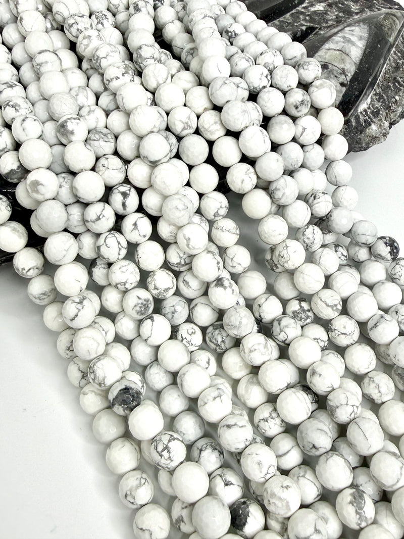 10mm Faceted Howlite Gemstone Beads – Natural White/Gray Marbling Stone, High Shine - 15” Strand