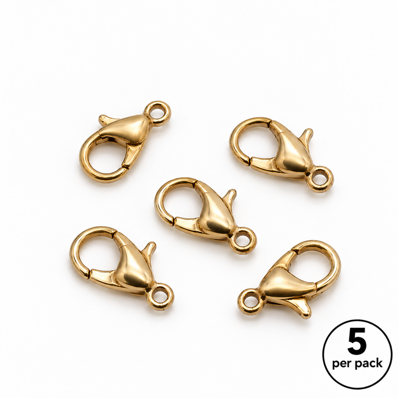Five smooth gold-plated stainless steel 12mm lobster clasps on white background, 5 per pack