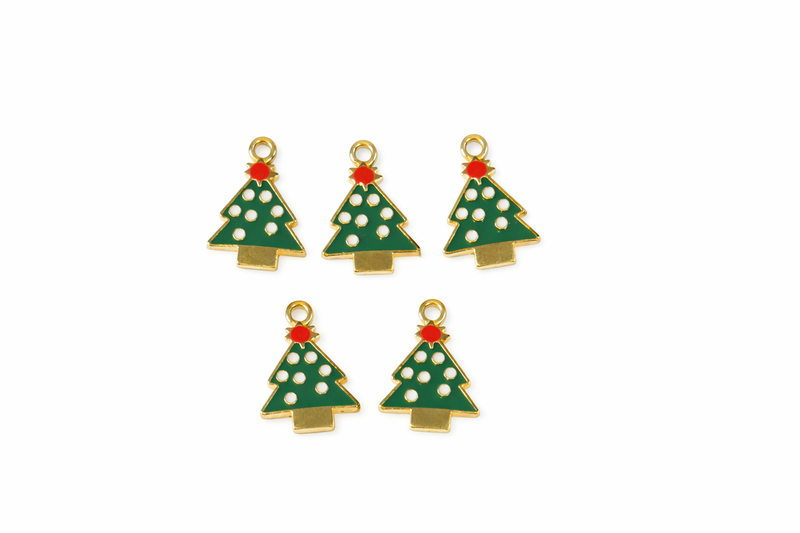 Christmas Enamel Charms – Trees, Wreaths & Gift Boxes | Holiday Jewelry Charms, 5pc Pack