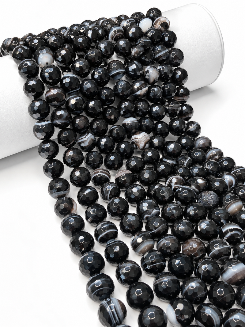 12mm Faceted Black Banded Agate Gemstone Beads, 15-Inch Strand