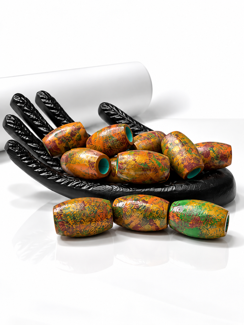 33x22mm Hand-Painted Wooden Barrel Beads, Multiple Colorways & Artistic Designs, Large Hole Jewelry Making Beads