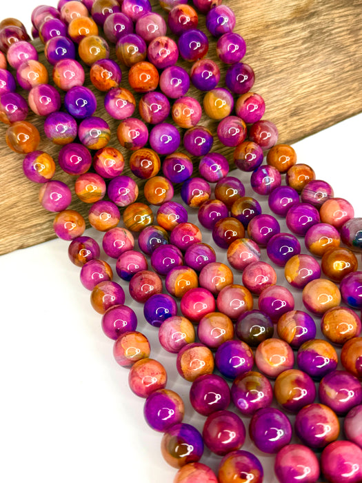 14mm Smooth Agate Gemstone Beads – Purple & Golden Yellow Mix, 15” Strand - One Strand