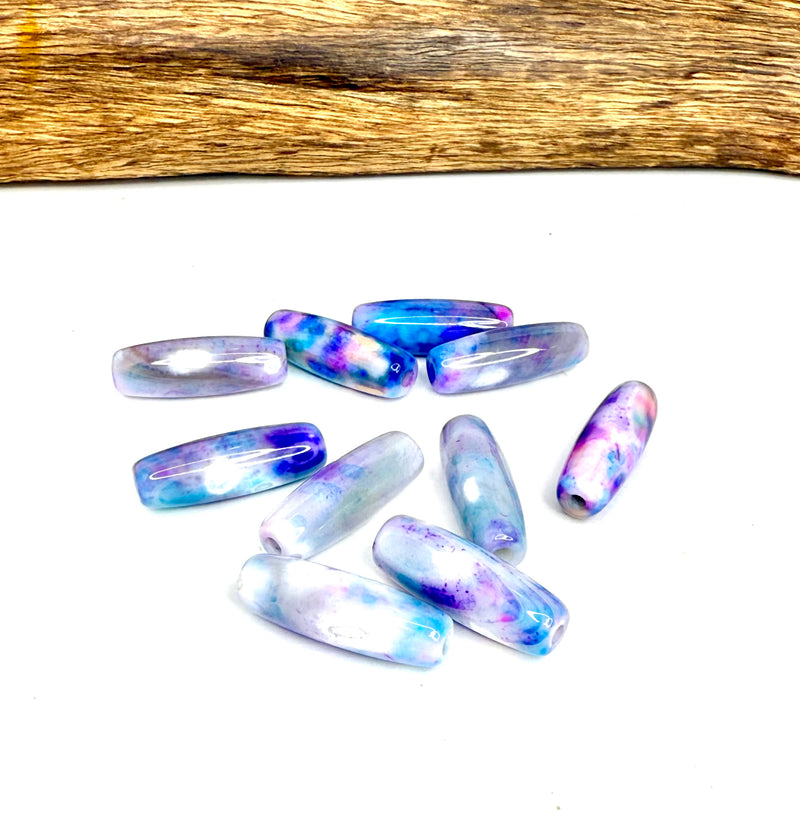 10x30mm Fire Agate Focal Beads – Multicolor, Blue-White & Purple-Yellow Barrel Gemstones (Sold by the Piece)