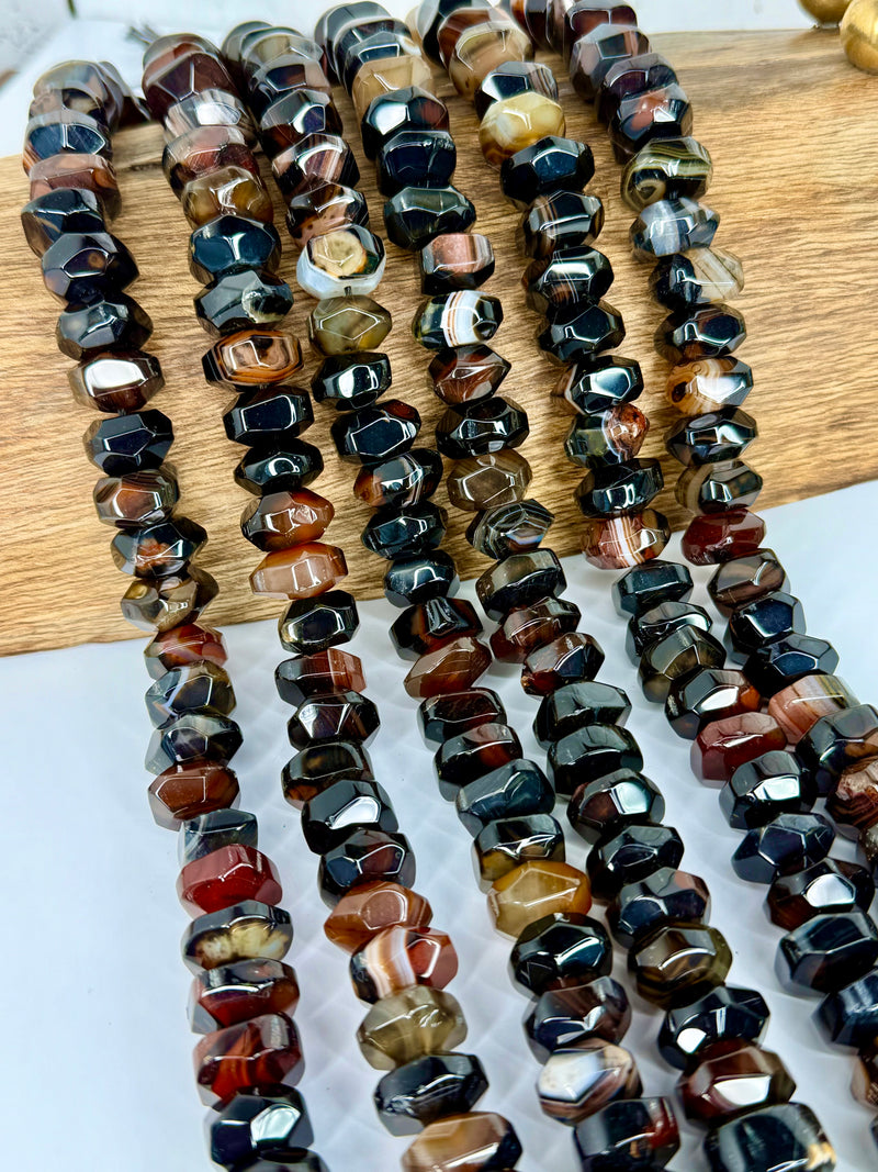 8x14mm Faceted Banded Agate Rondelle Beads – 15” Strand, ~41 Beads, Yellow, Green/Purple, Brown/Black - One Strand