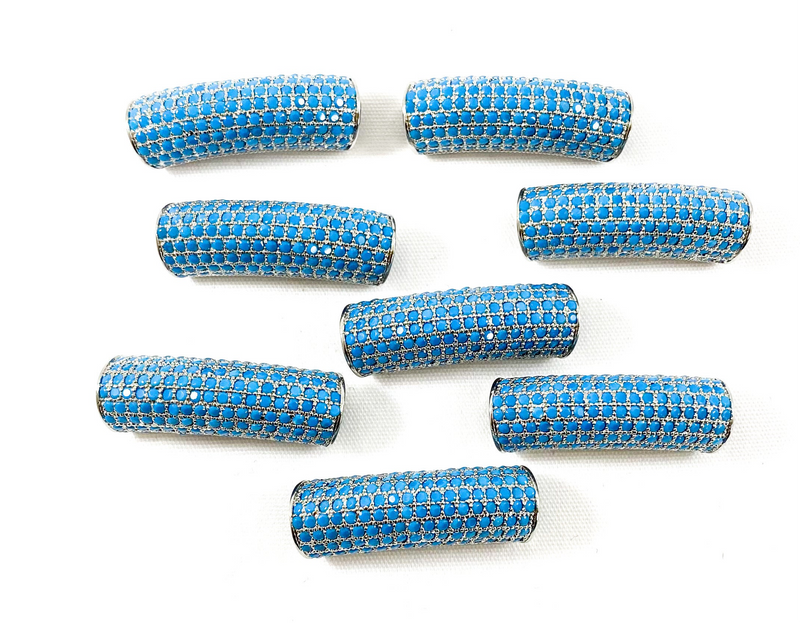 30mm Silver and Turquoise Crystals Micro Pave’ Spacer Bar | 10mm Micro Pave’ Wheel Spacer Bead | Curved Tube Bead | DIY Jewelry Designs | One Piece