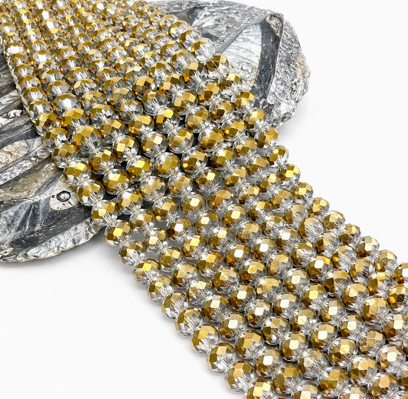12mm Clear & Antique Gold Multifaceted Crystal Beads – 15” Strand