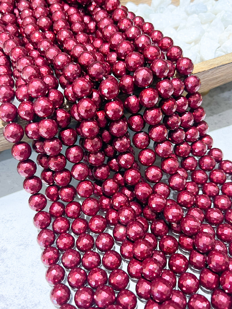 12mm Faceted Mother of Pearl Shell Beads | Faceted Mother of Pearl Shell Beads | 12mm Faceted Gold | DIY Jewelry Designs | 12mm Faceted Maroon | 34 Beads per Strand