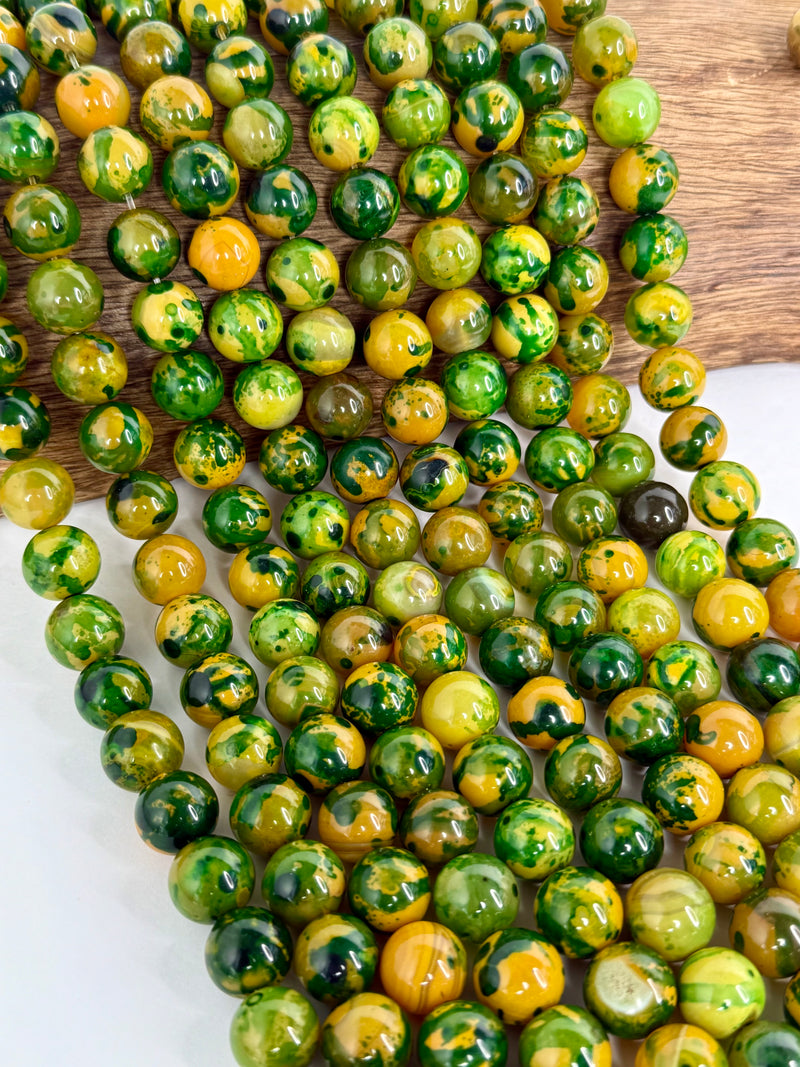 14mm Smooth Fire Agate Gemstone Beads | Green and Yellow Gemstone Beads | DIY Jewelry Designs |15" Strand