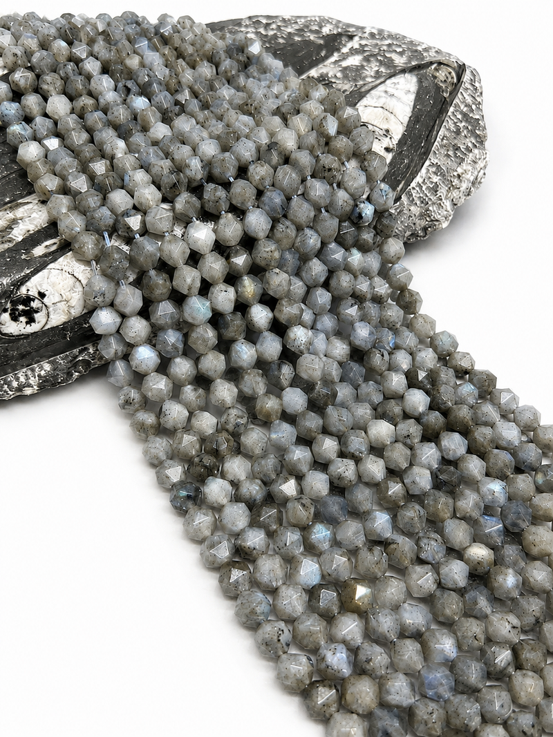 8mm Natural Labradorite Star Cut Gemstone Beads | Faceted Diamond Shape Labradorite | DIY Jewelry Designs | 15" Strand