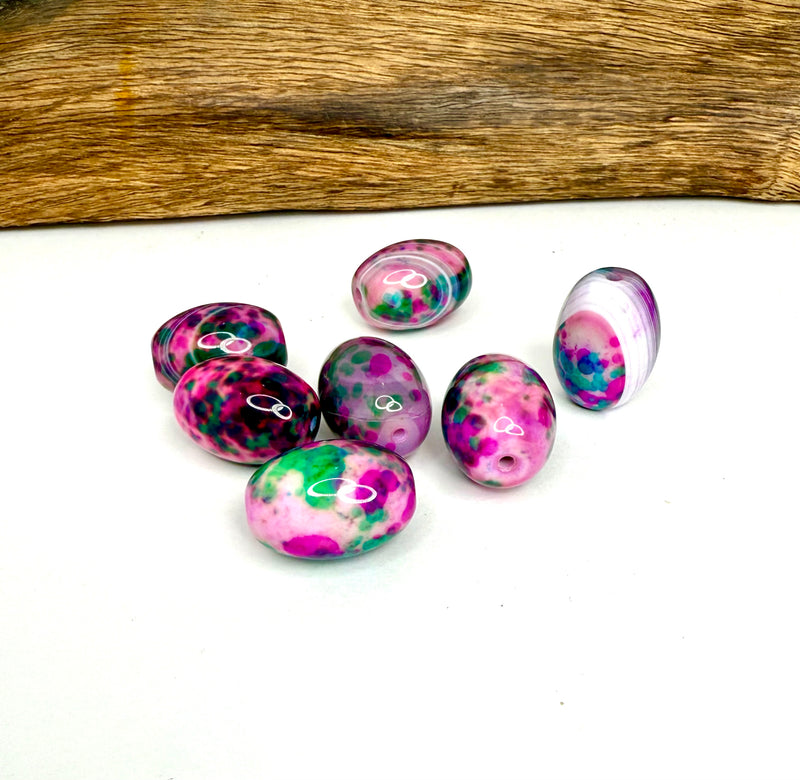 20x30mm Oval Agate Beads – Green Yellow & Pink Multicolor, Polished Gemstone Statement Beads (Sold by the Piece)