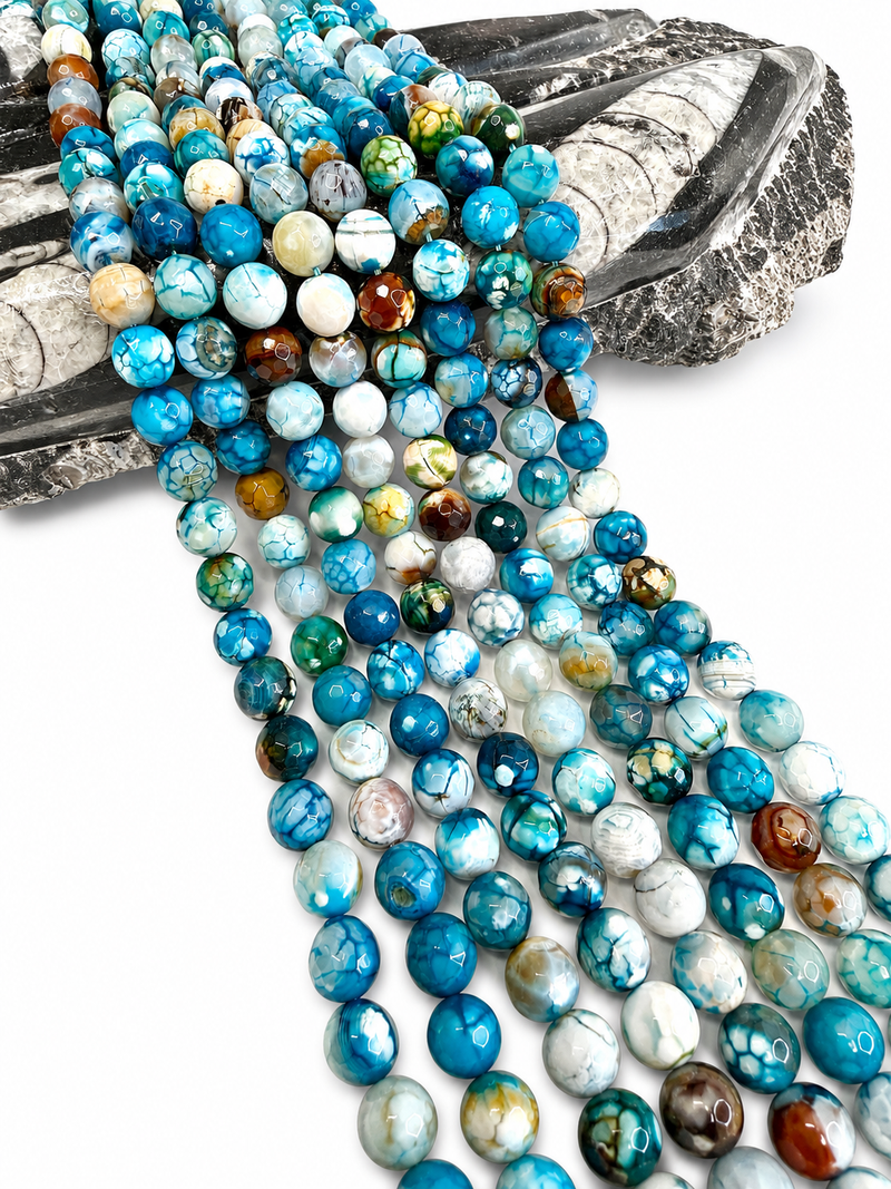 8mm Faceted Fire Agate Gemstone Beads | Blue Fire Agate | Mala | DIY Jewelry Deigns | 15" Strand