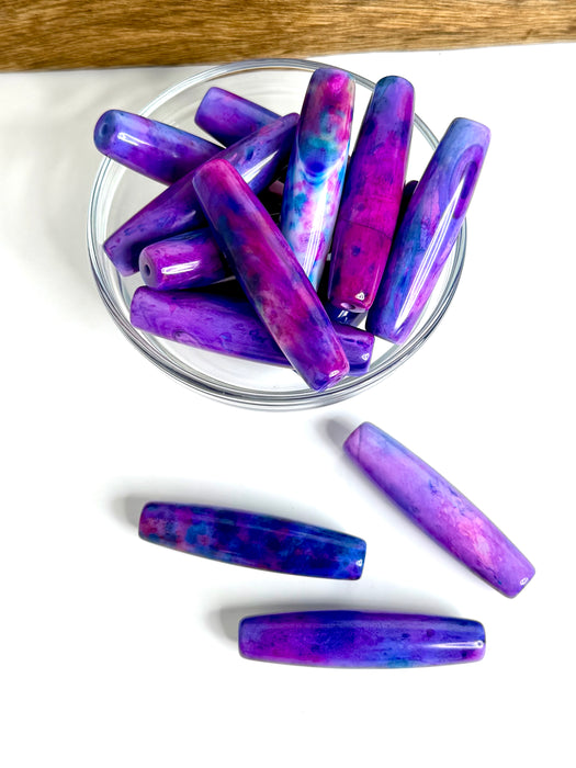 55mm Pink & Purple Marbled Agate Tube Focal Beads – Long Polished Gemstone Centerpieces for Necklaces & Jewelry Making