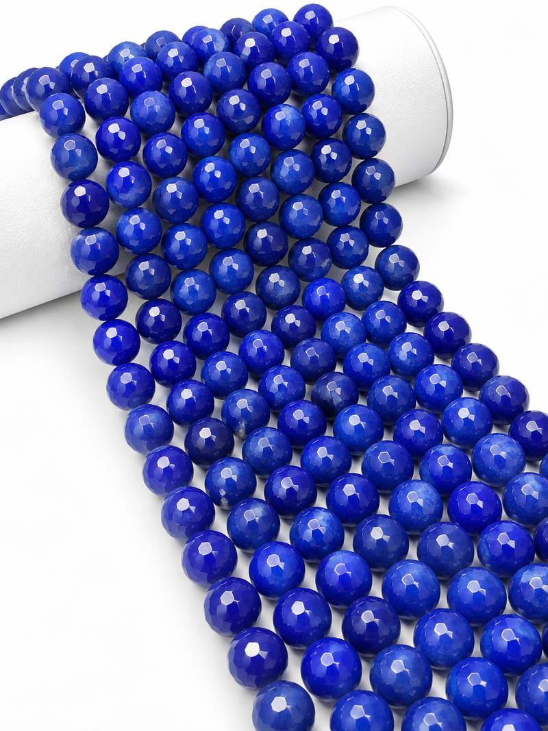 12mm Faceted Blue Jade Gemstone Beads, Vibrant Royal Blue Polished Round, 15-Inch Strand, One Strand Per Order