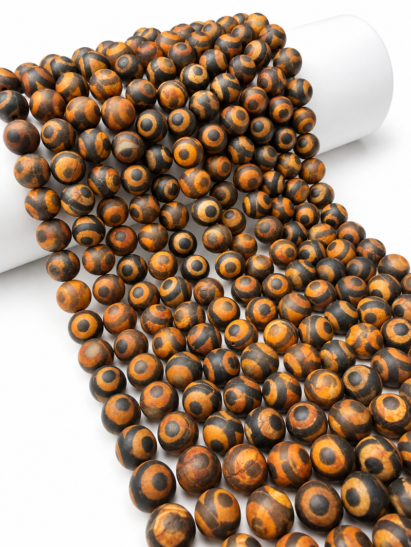 12mm Matte Tibetan Agate Gemstone Beads, Light Rust Orange and Black, Round Eye Pattern, 15-Inch Strand, One Strand Per Order