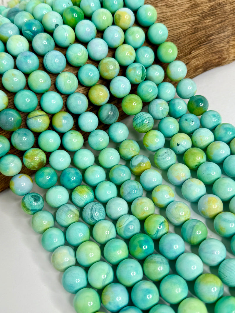 Vibrant Aqua Green Agate Gemstone Beads – 10mm & 14mm Polished Round Beads with Natural Marbling for Jewelry Making | 15” strand