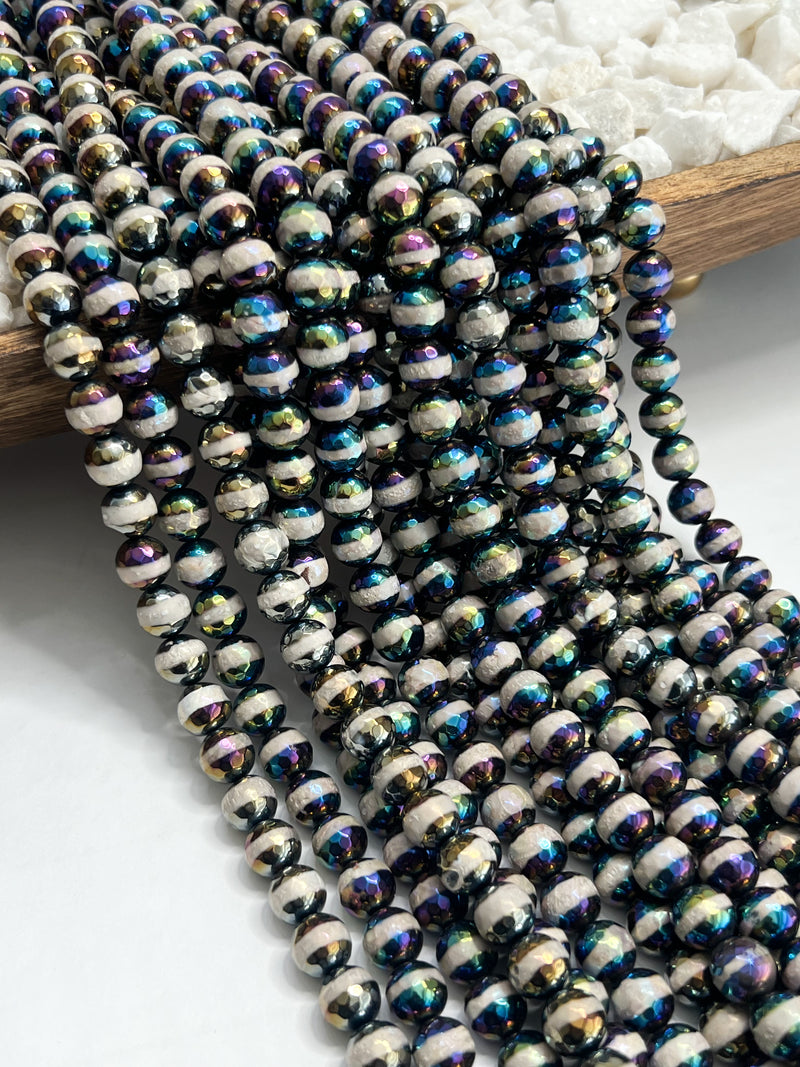 10mm Faceted Electroplated Tibetan Agate Gemstone Beads | Plated Agate | Black & Cream | DIY Gemstone Jewelry | 15” Strand 36 Beads per strand