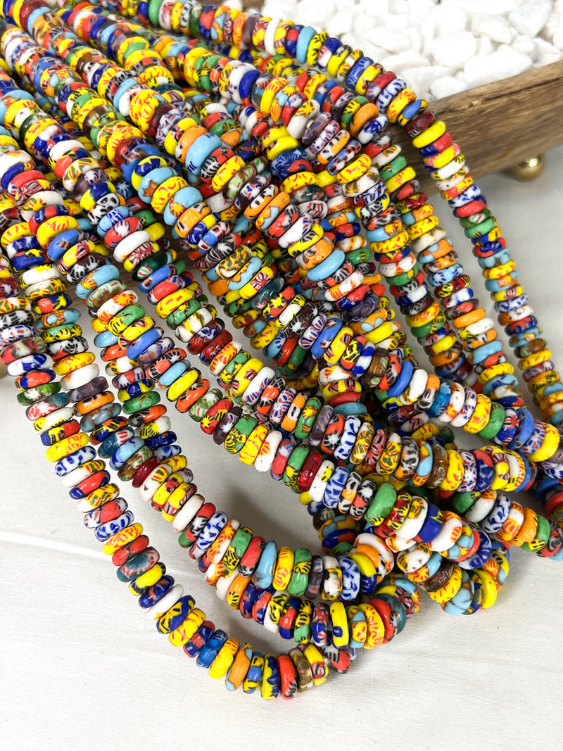 10mm Authentic African Fused Recycled Rondelle Glass Handmade Beads | Fair Trade Beads | 10mm Disk |Eco Friendly | 20" Strand | One Strand