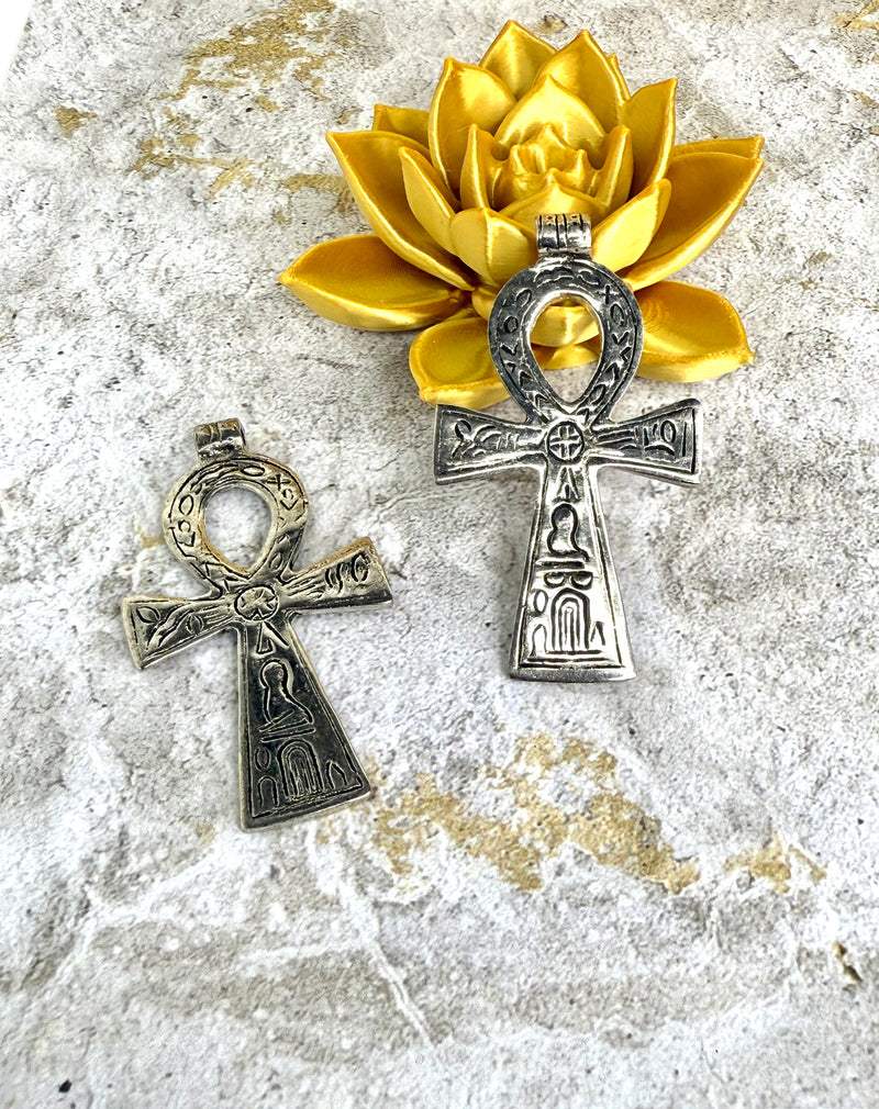 3" Carved Double Sided Brass Ankh Pendant | Egyptian Brass Ankh Key of Life Engraved Hieroglyphics Pendant | Available in two Finishes | 1 Pcs