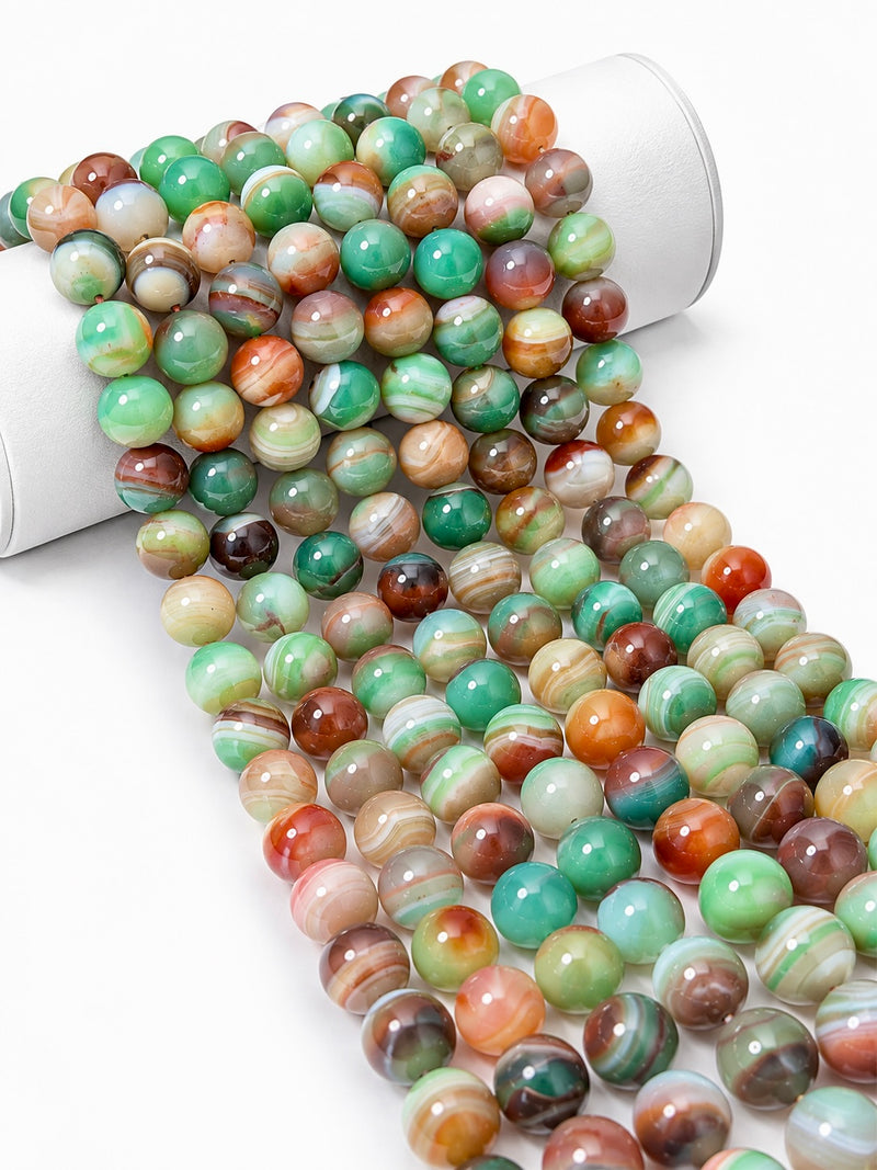 12mm Smooth Multicolor Banded Agate Gemstone Beads, Polished Round, Green Orange and Brown, 15-Inch Strand, One Strand Per Order