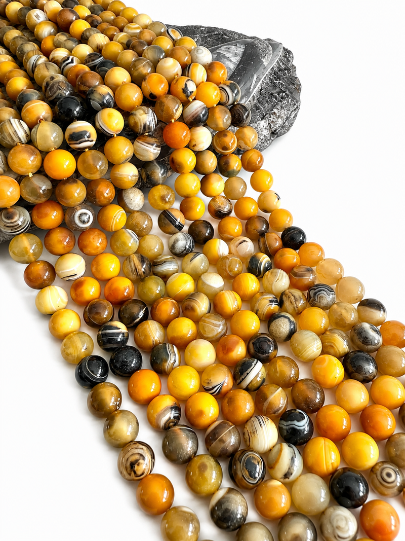 10mm Smooth Yellow Agate Round Beads | Natural Banded Agate Gemstone Beads for Jewelry Making | 15” Strand