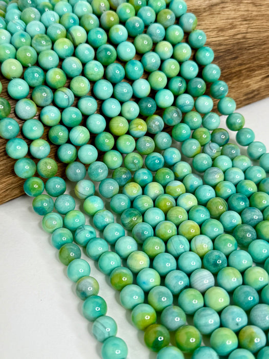 Vibrant Aqua Green Agate Gemstone Beads – 10mm & 14mm Polished Round Beads with Natural Marbling for Jewelry Making | 15” strand