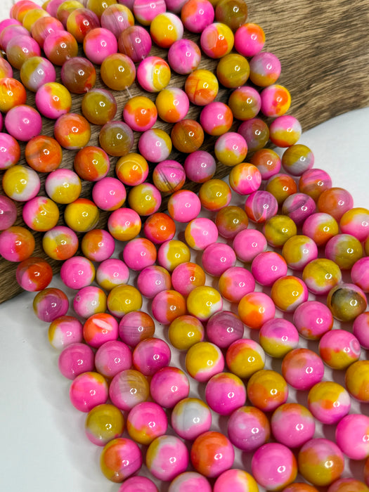 14mm Smooth Agate Gemstone Beads –| Pink and Yellow Multicolor Beads for Jewelry Making | 15" Strand (Approx. 28 Beads)