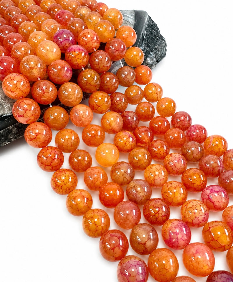 14mm Smooth Fire Agate Gemstone Beads | 14mm | Fuchsia and Orange Crackle Agate | Smooth Agate | DIY Jewelry Designs | One Strand