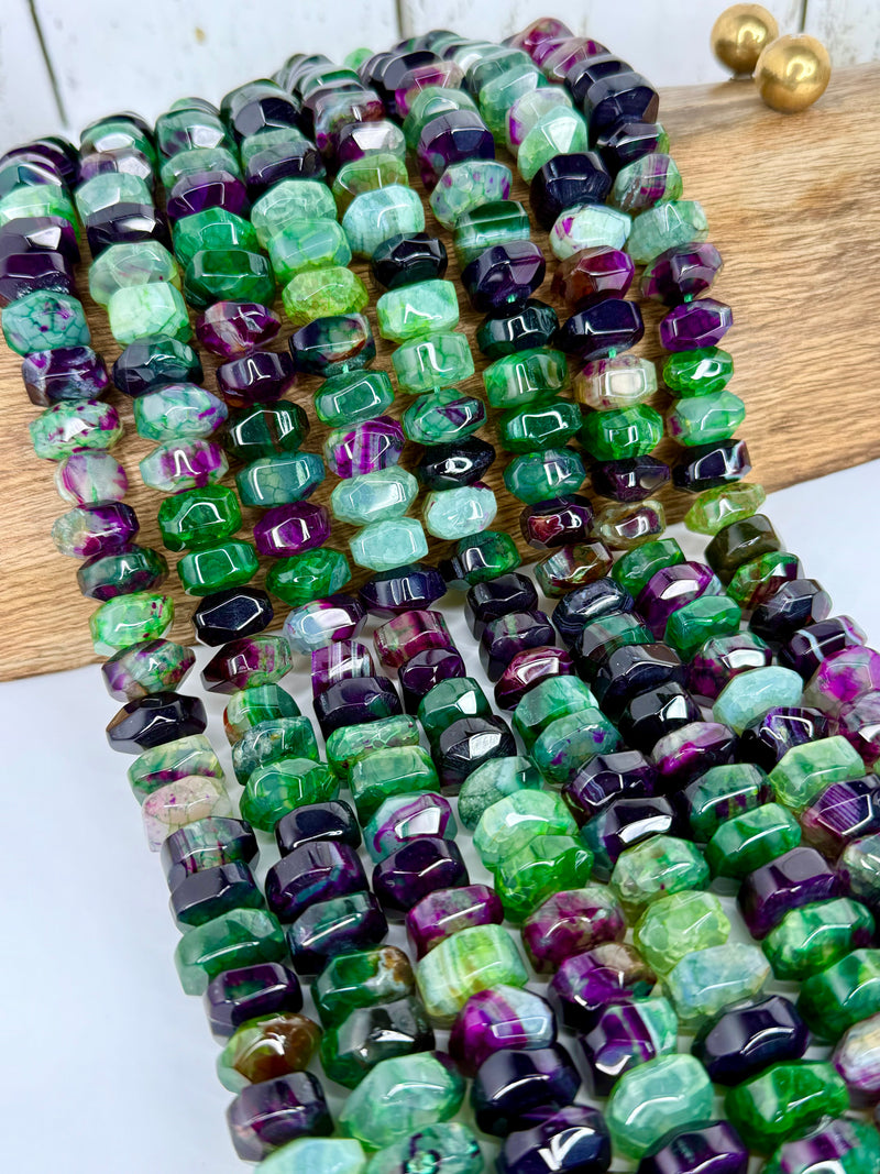 8x14mm Faceted Banded Agate Rondelle Beads – 15” Strand, ~41 Beads, Yellow, Green/Purple, Brown/Black - One Strand