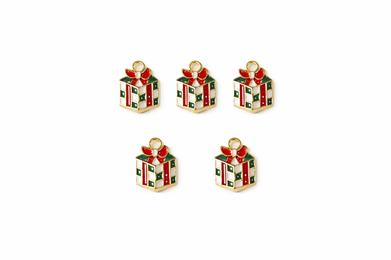 Christmas Enamel Charms – Trees, Wreaths & Gift Boxes | Holiday Jewelry Charms, 5pc Pack