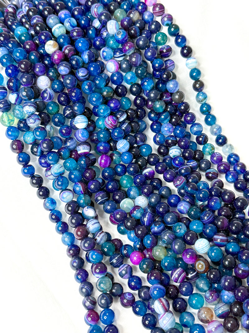 8mm Smooth Banded Agate Gemstone Beads | Blue and Purple Banded Agate | Mala | DIY Jewelry Designs | One Strand