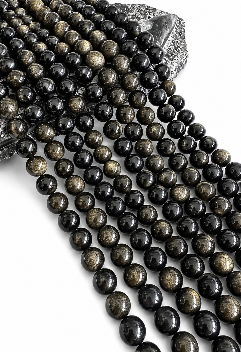 12mm Natural Golden Obsidian & Silver Obsidian Gemstone Beads | 15” Strand
 | DIY Jewelry Designs | 1 Strand