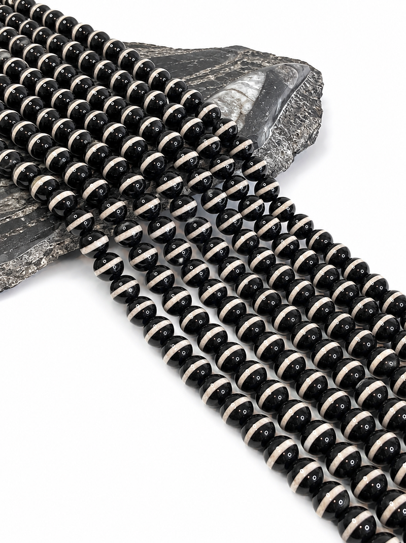 10mm Smooth Black & Cream Tibetan Agate Gemstone Round Beads – Natural Stone – 15.5” Strand