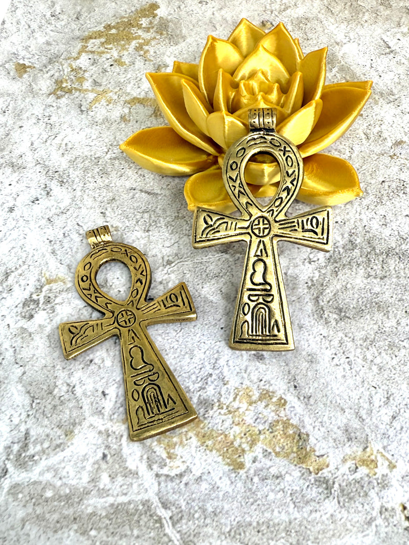 3" Carved Double Sided Brass Ankh Pendant | Egyptian Brass Ankh Key of Life Engraved Hieroglyphics Pendant | Available in two Finishes | 1 Pcs
