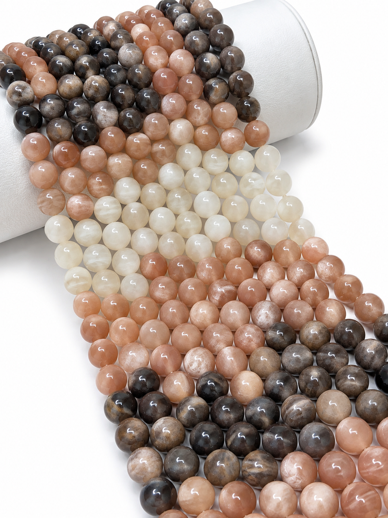 10mm Smooth Multicolor Moonstone Gemstone Beads, Peach White and Chocolate Brown, Polished Round, 15-Inch Strand, One Strand Per Order