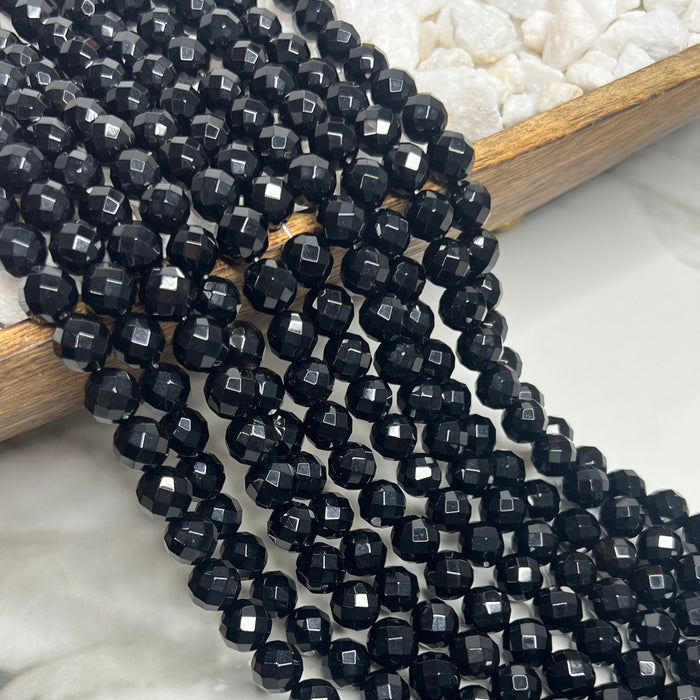 Triple Faceted Black Agate Gemstone Beads | Beautiful Shine | 8mm & 10mm | Faceted Round Gemstone Beads | Jewelry Making DIY | Gemstone Beads | 15 Inch Strand | One Strand