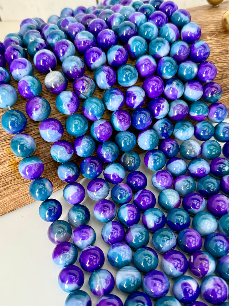 14mm Smooth Agate Gemstone Beads – Blue-Violet & Aqua-Violet Variants | 15” Strand, 28 Beads | Polished Natural Stone for Jewelry Making | One Strand