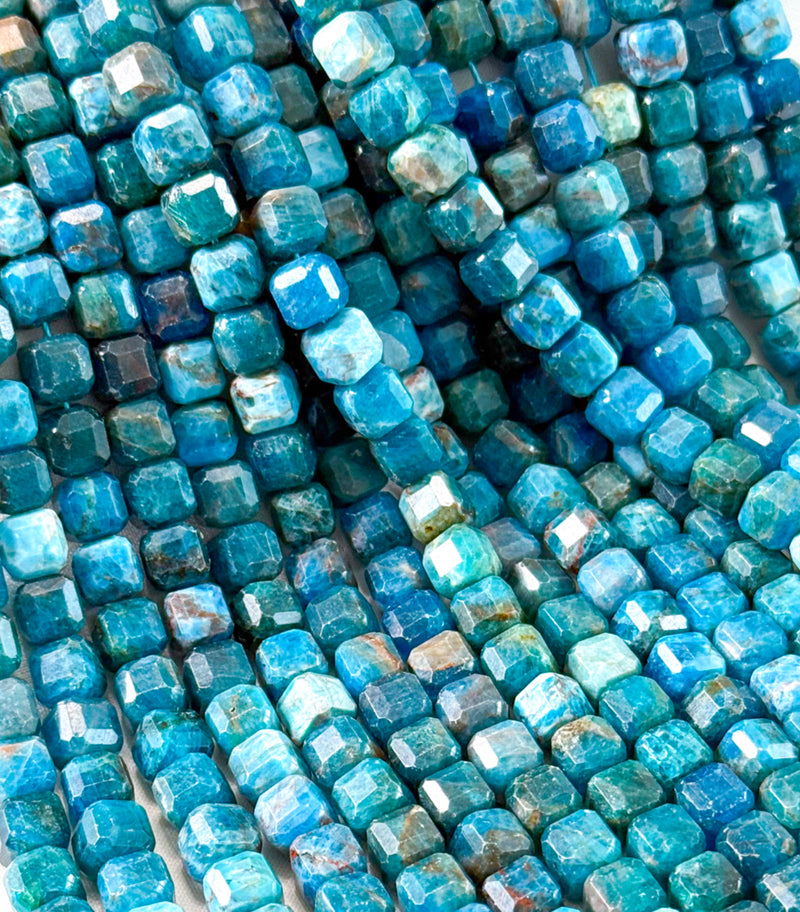 8x8mm AAA Faceted Natural Apatite Cube Gemstone Beads | Deep Blue Cube Gemstone Beads | Cube | DIY Jewelry Designs | 15.5" Strand