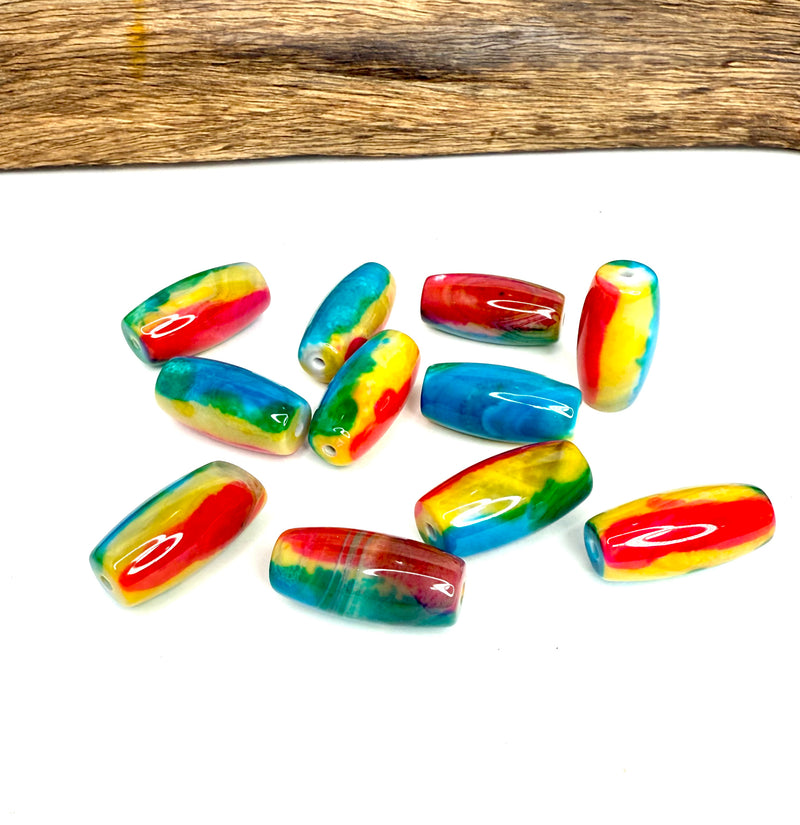 14x28mm Oval Agate Focal Beads – Multicolor & Blue-White Barrel Gemstones (Sold by the Piece)
