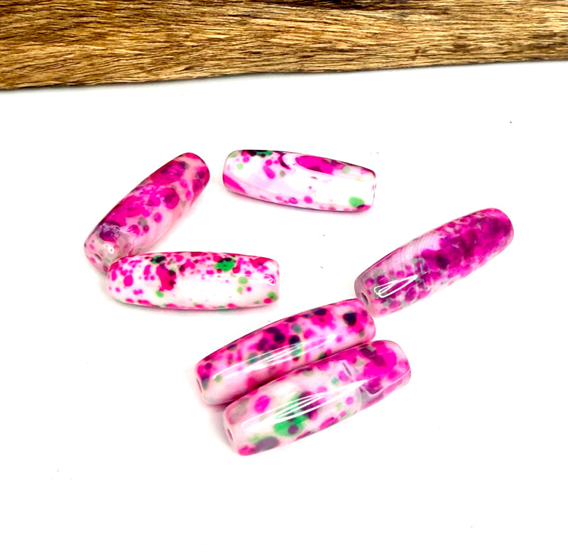 13x40mm Agate Focal Beads – Pink Splash & Purple Mix, Polished Gemstone Tube Beads (Sold by the Piece)