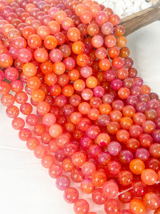 14mm Smooth Fire Agate Gemstone Beads | 14mm | Fuchsia and Orange Crackle Agate | Smooth Agate | DIY Jewelry Designs | One Strand