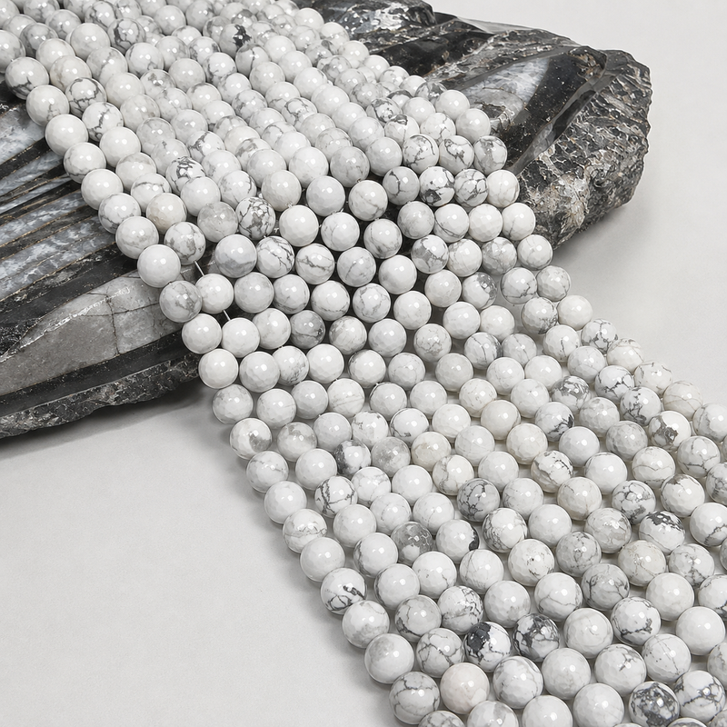 10mm Faceted Howlite Gemstone Beads – Natural White/Gray Marbling Stone, High Shine - 15” Strand