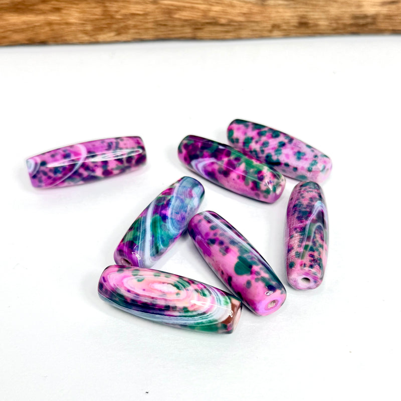 13x40mm Agate Focal Beads – Pink Splash & Purple Mix, Polished Gemstone Tube Beads (Sold by the Piece)