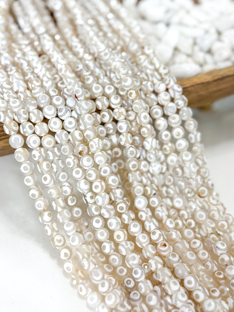 8mm White Tibetan Agate Gemstone Beads | DZI Beads | White | DIY Jewelry Designs | 15" Strand