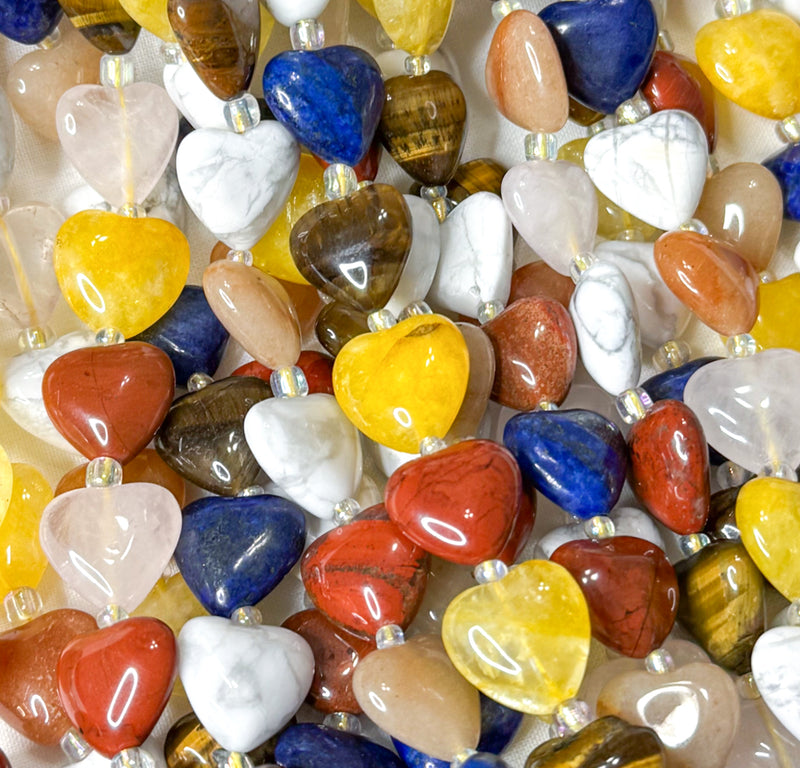 14mm Multi Gemstone Hearts |6 Different Gemstone Hearts | DIY Jewelry Designs | 15" Strand | 24 Hearts