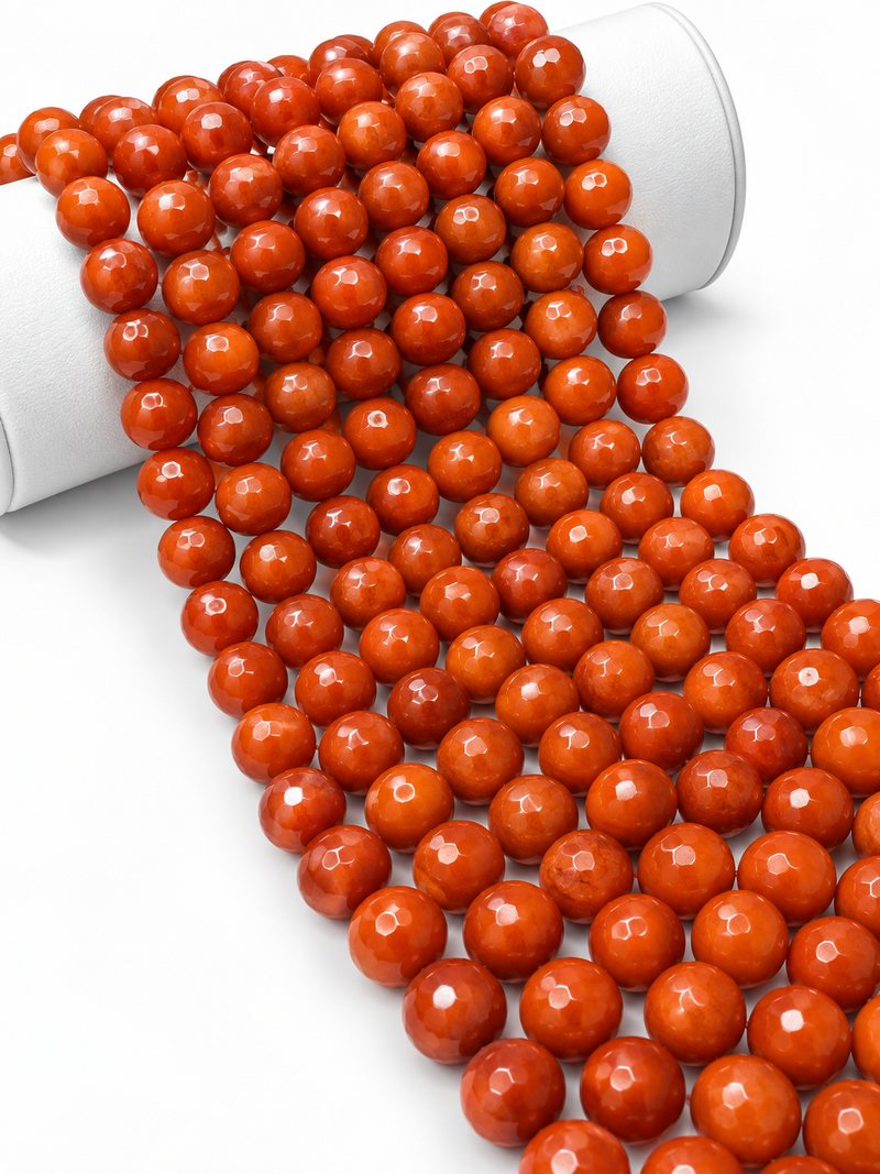 12mm Faceted Dark Orange Jade Gemstone Beads, Polished Faceted Round Beads, 15-Inch Strand
