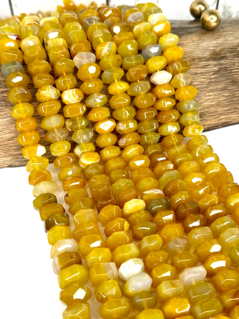 8x14mm Faceted Banded Agate Rondelle Beads – 15” Strand, ~41 Beads, Yellow, Green/Purple, Brown/Black - One Strand