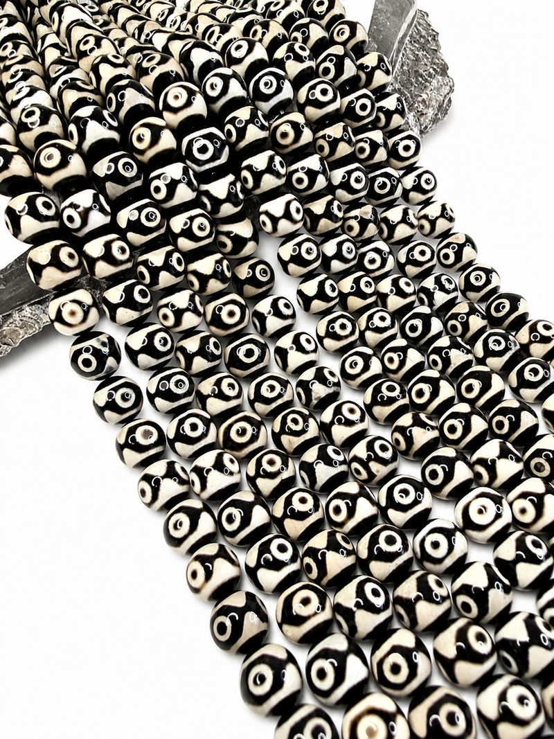 10mm Smooth Black & Cream Tibetan Agate Gemstone Round Beads – Protective Eye - Natural Stone – 15.5” Strand