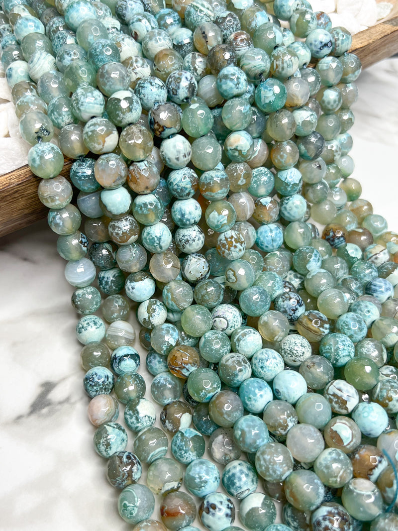 12mm Faceted Fire Agate | Faceted Powder Blue Agate Gemstone Beads | DIY Jewelry Making | 15" Strand 32 Beads per Strand | One Strand